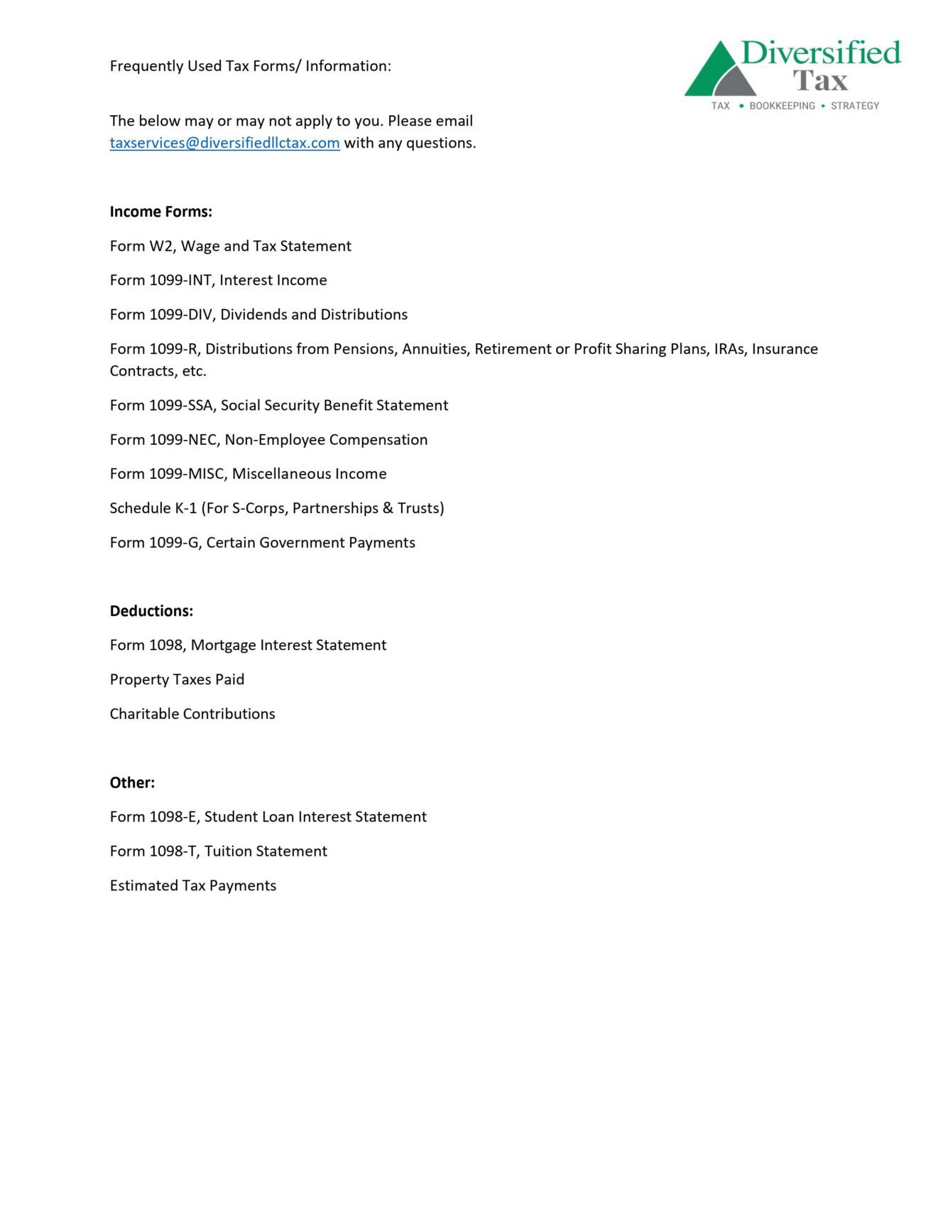 frequently used tax forms